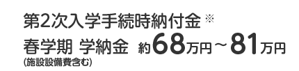 第2次入学手続時納付金春学期学納金（施設設備費含む）：約68～81万円