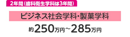 2年間（ビジネス社会学科・製菓学科）：約250～285万円