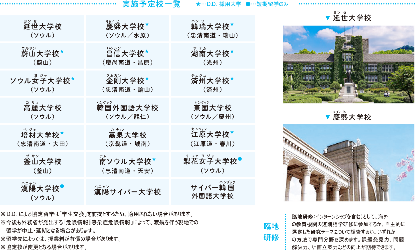 韓国留学実績予定校一覧